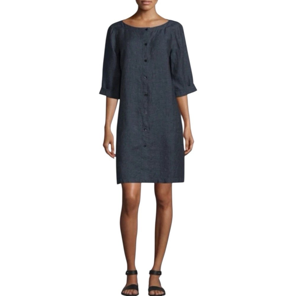 EILEEN FISHER Chambrey  Navy Blue Organic Linen‎ Button Down Top - Small - $178